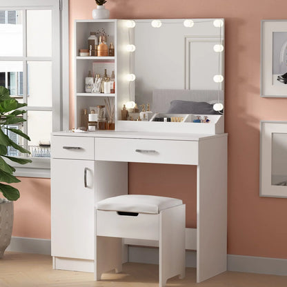 Veanerwood Makeup Vanity Table with 10 Led Lights, Lighted Mirror Vanity Desk, Modern Bedroom Dressing Vanity, White Finish