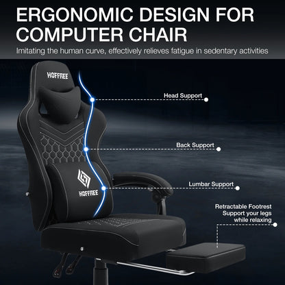 Hoffree Gaming Chair with Massage Fabric Office Chair with footrest for Adults, Ergonomic Gamer Chair with Headrest and Lumbar Support for Office Gaming, 440 LBS