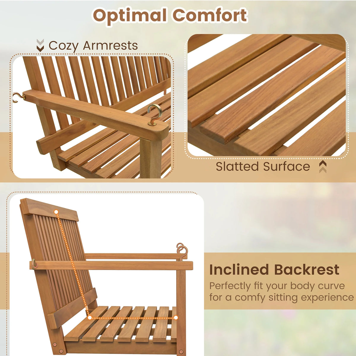 Gymax 2-Person Acacia Wood Outdoor Porch Swing Patio Hanging Bench Chair Natural