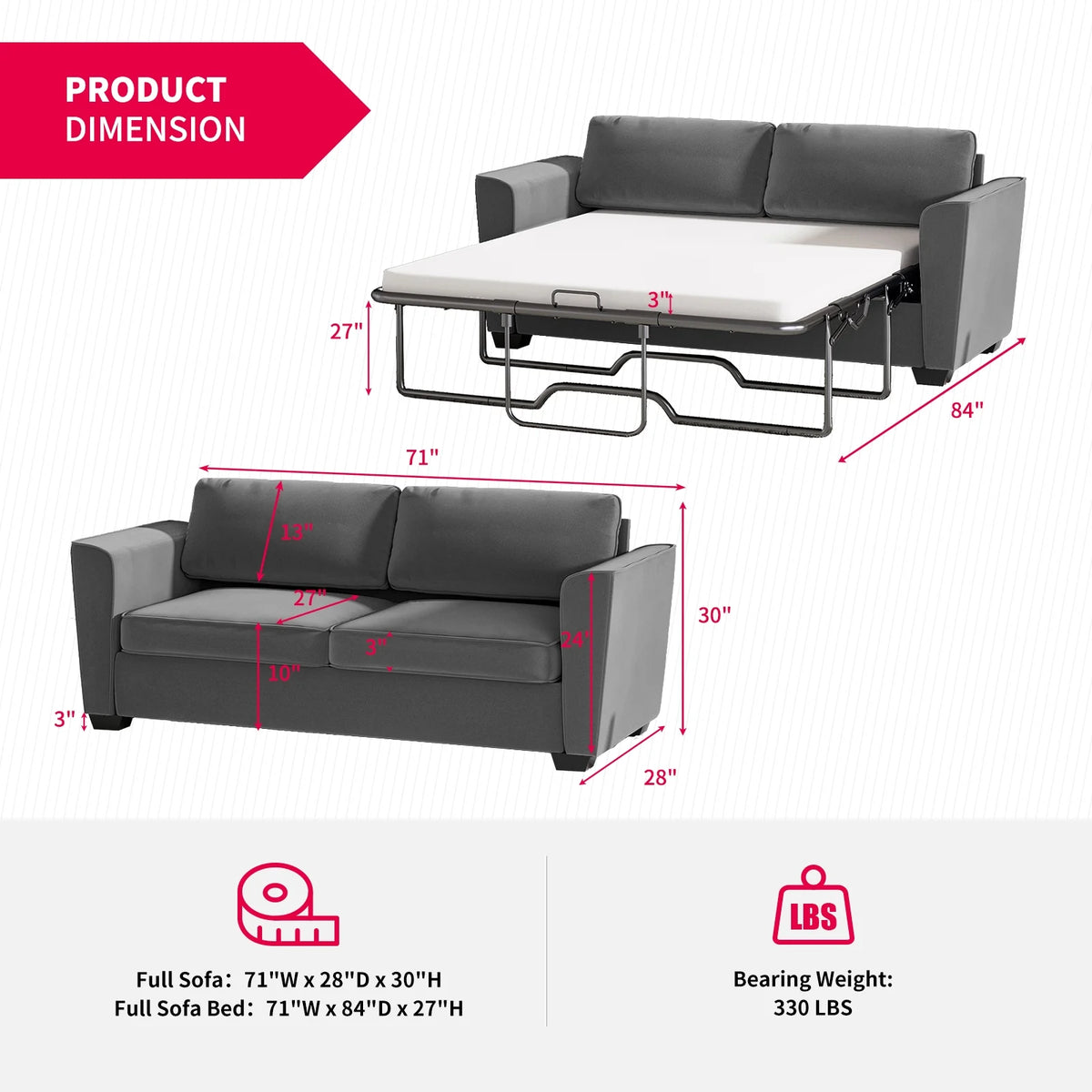 Mjkone Queen Pull Out Sofa Bed,Loveseat Sleeper Sofa with Mattress,2-in-1 Convertible Sleeper Couch,Dark Grey