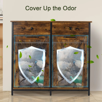 Pirecart 20 Gallon Double Tilt Out Trash Cabinet Wood Hidden Storage Cabinet, Recycling Cabinet with 2 Drawers, Black