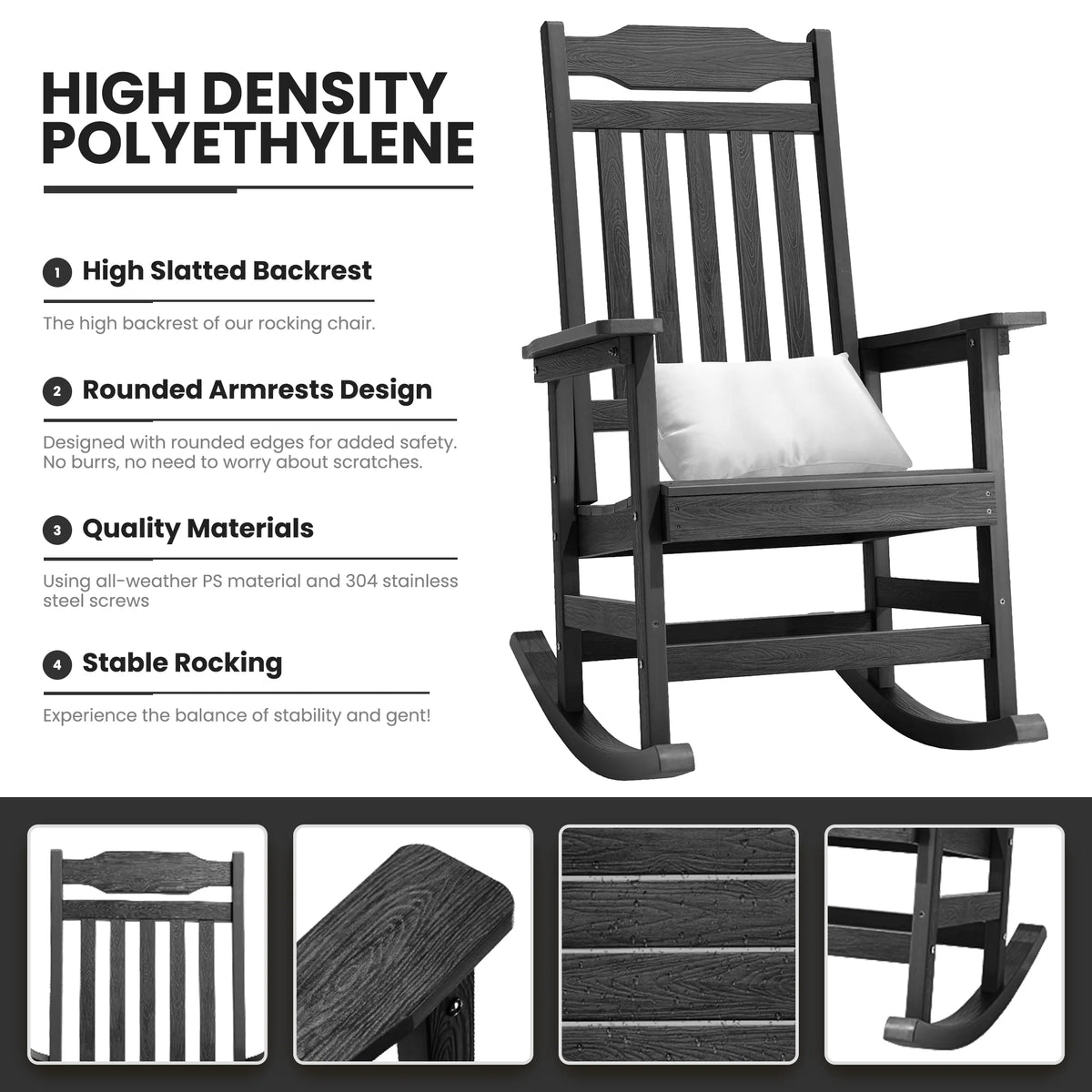Naipo 1PC Patio Rocking Chair All-Weather, Oversized Porch Rocker Chair 400 lbs Weight Capacity, for Backyard, Fire Pit, Lawn, Garden, Outdoor and Indoor, Black