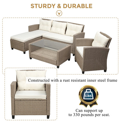 SEGMART 4 Piece Patio Furniture Set, All-Weather Outdoor Sectional Sofa Set, PE Rattan Conversation Set with Storage Box, Table & Cushions, Wicker Furniture Couch Set for Patio Deck Garden