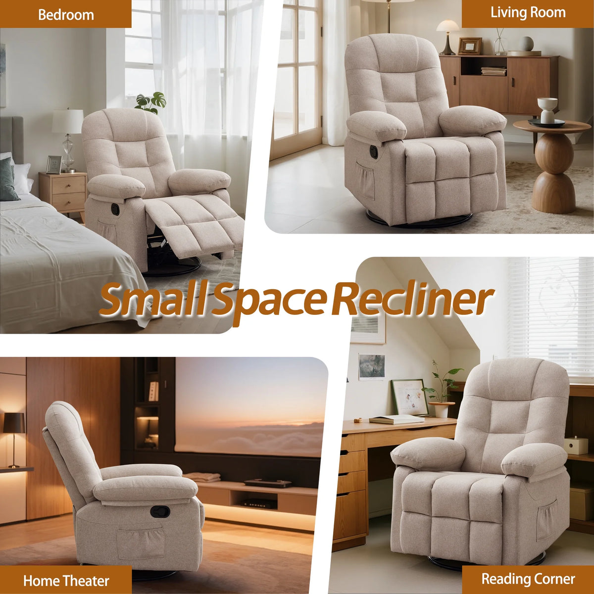 Korser Manual Swivel Rocker Recliner Chair for Living Room,Small Recliner Sofa for Small Spaces,Linen Fabric,Dark Black