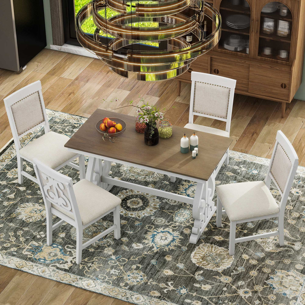 5 Piece Dining Table Set, Atumon Dining Table Set for 4, Wood Dining Room Set with 1 Table and 4 Upholstered Chairs, Farmhouse Dining Table Set for Kitchen Dining Room Apartment, Natural