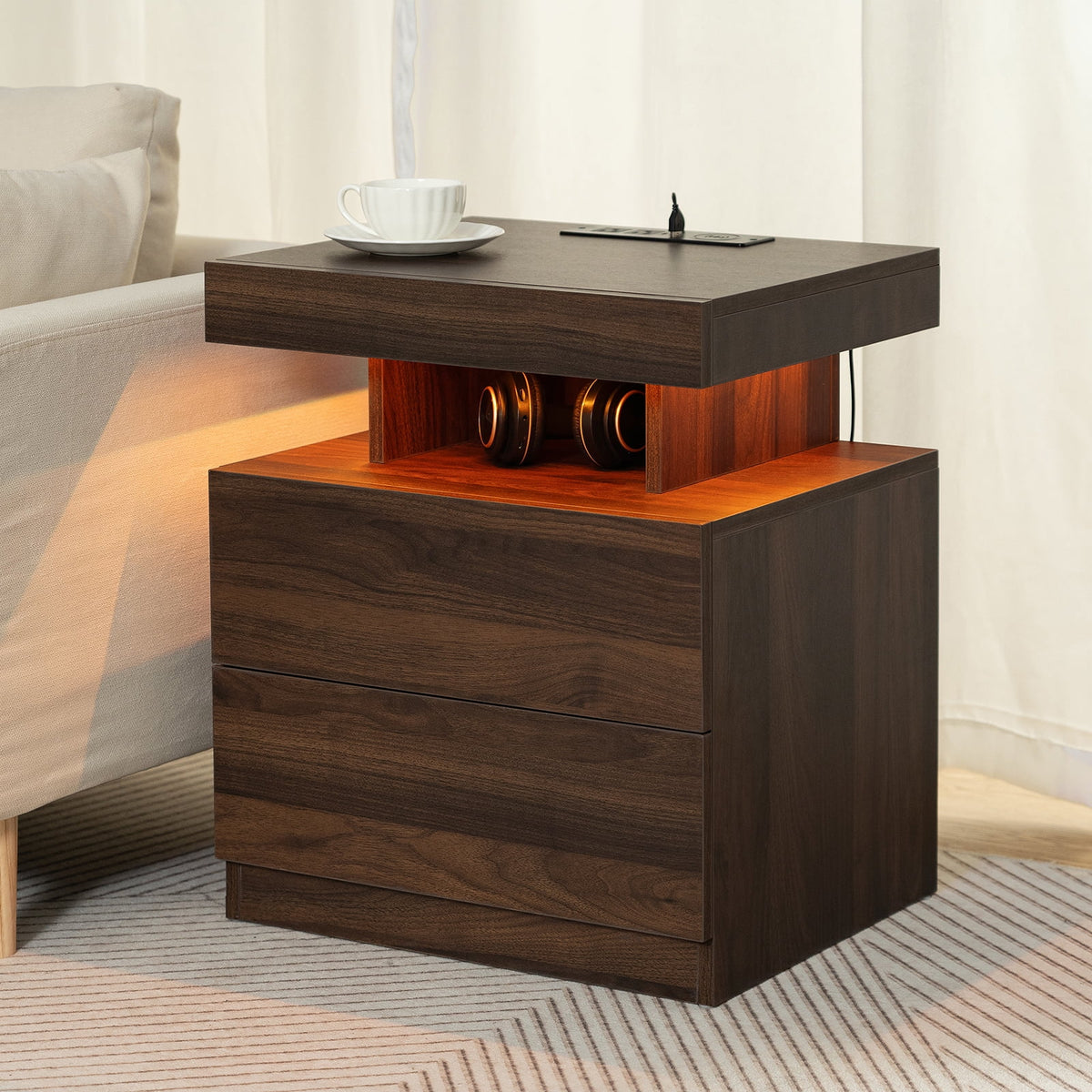 Hommpa LED Nightstand with Wireless Charging Station Modern Nightstand Type C USB Port 2 Drawers Bedside Table Black Smart Night Table High Gloss End Side Table for Bedroom Furniture 22.3" Tall