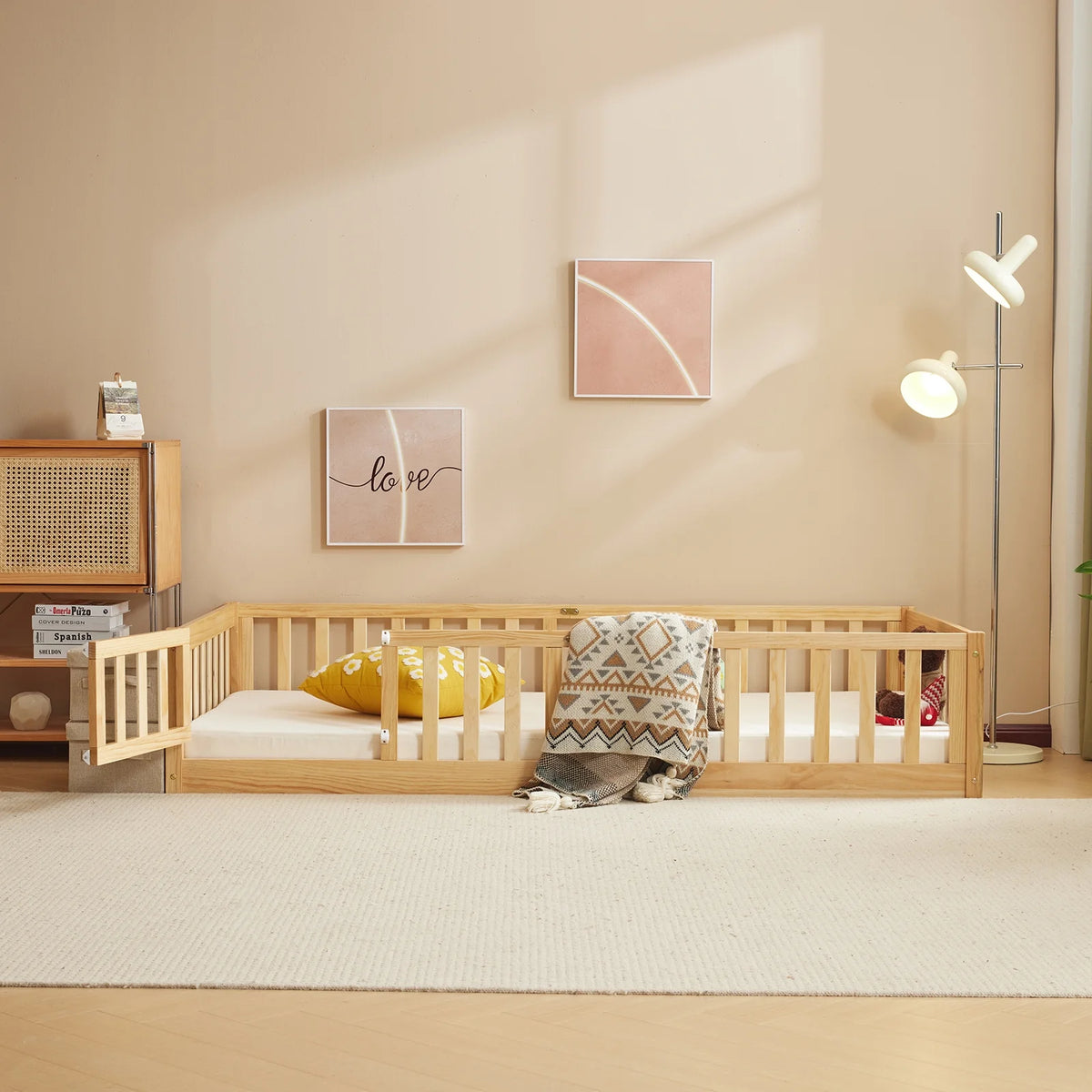 Zimtown Montessori Floor Bed Frame, Full Size Kids Toddler Bed with Fence and Door, Wooden Platform Bed, White