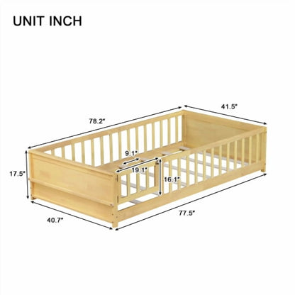 Bellemave Twin Size Floor Bed with Fence, Montessori Floor Twin Bed with Built-in Book Rack, Solid Wood Twin Bed with Slats and Safety Guardrails, Natural