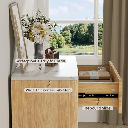 Selooye Fluted 5 Drawers Dresser, 47" Tall Modern Chest of Drawers with Faux Marble Top, Curved Profile Design, Wood Drawer Organizer for Bedroom, Living Room, Hallway, Entryway, Natural Oak