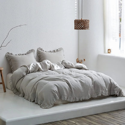 Simple&Opulence 100% Washed Linen Duvet Cover Set-3 Pieces Shabby Chic Premium Ruffled Bedding with 1 Comforter Cover and 2 Pillowshams France Flax High End Frill Sets Vintage Style(King, White)