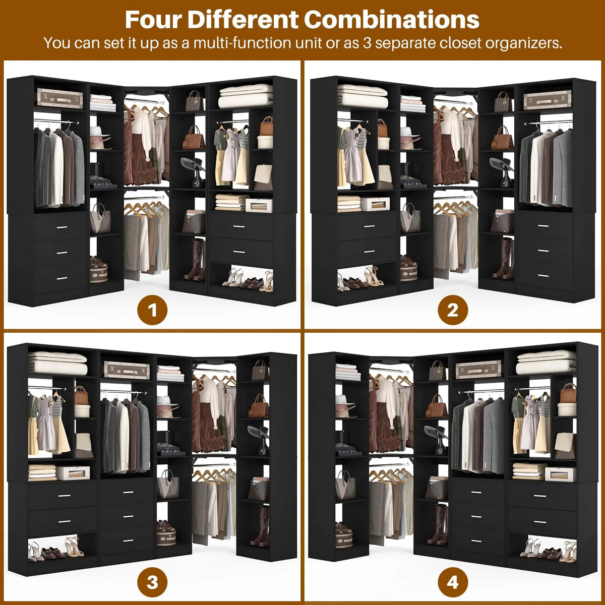 Homieasy Freestanding Closet System with 3 Sets, 87.2" Closet Organizer System with 5 Drawers & 4 Hanging Rods, Reversible L Shaped Walk-in Closets, Black