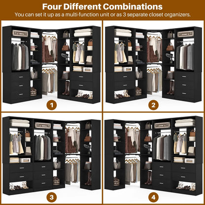 Homieasy Freestanding Closet System with 3 Sets, 87.2" Closet Organizer System with 5 Drawers & 4 Hanging Rods, Reversible L Shaped Walk-in Closets, Black