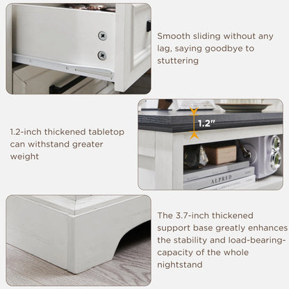 ACCOHOHO Nightstands Set of 2 with Charging Station, Rustic End Table with 2 Drawers Farmhouse Side Table with 3-tier Storage for Bedroom Living Room, White