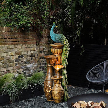 LuxenHome 44" Resin Outdoor Water Fountain, Peacock Garden Water Fountain Outdoor with LED Lights