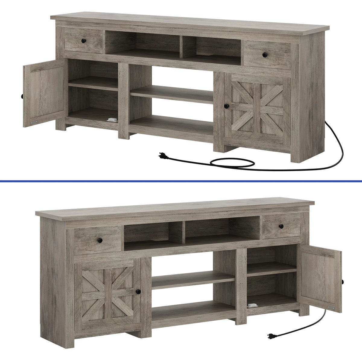 Uforic Farmhouse TV Stand for 75/80 Inch TV, Rustic Entertainment Center with Power Outlet, Storage Drawers, TV Console for Living Room, Oak