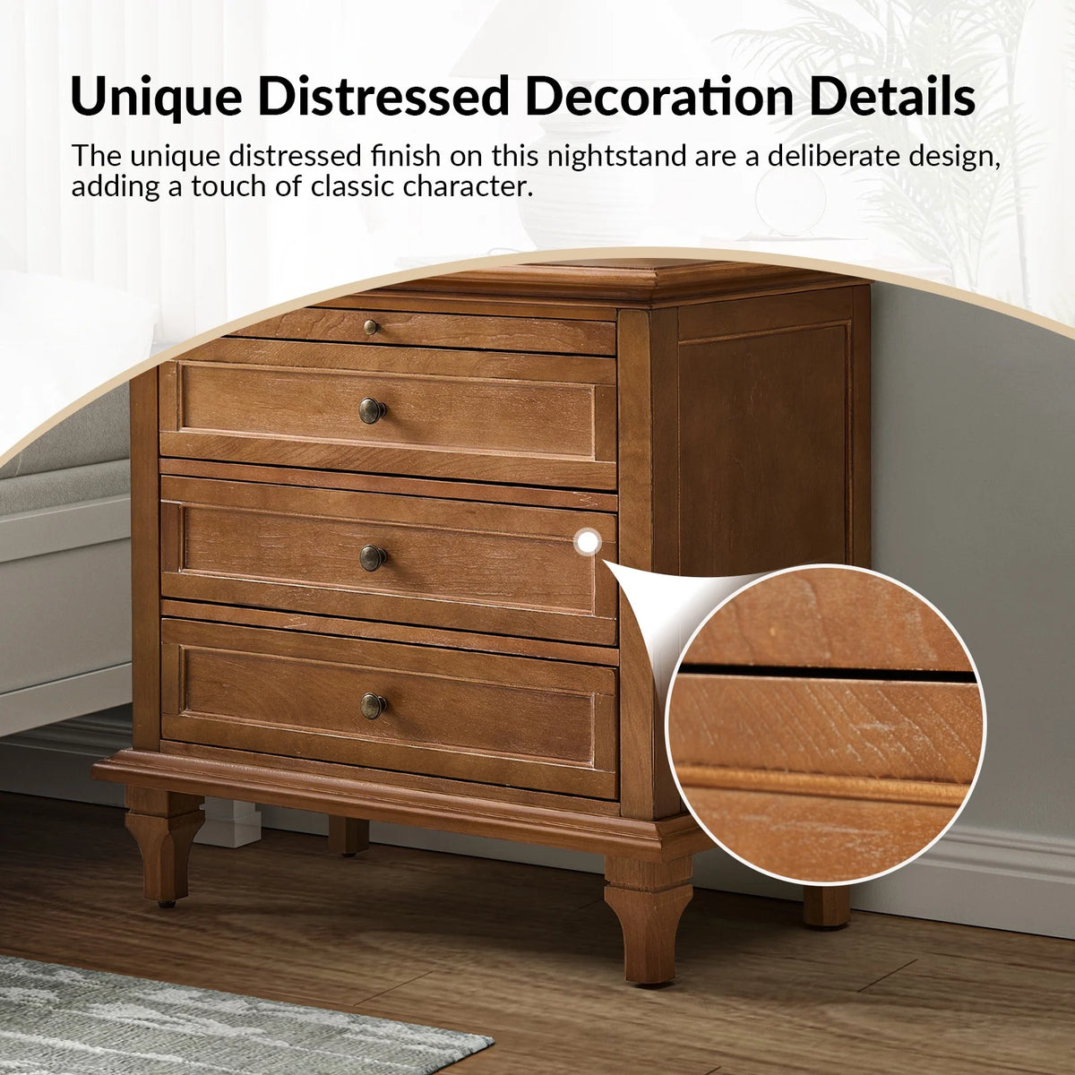 Farmhouse 3 Drawers Nightstand with Tray Bedside Table with Charging Station Acorn