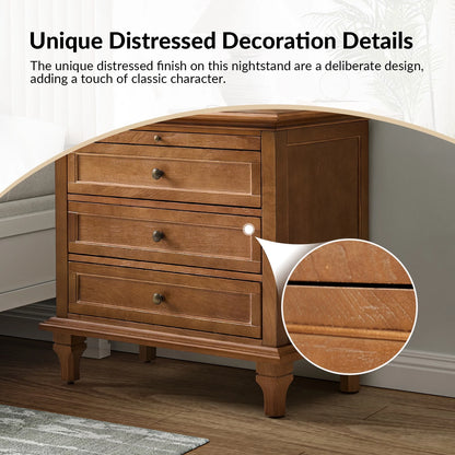Farmhouse 3 Drawers Nightstand with Tray Bedside Table with Charging Station Acorn