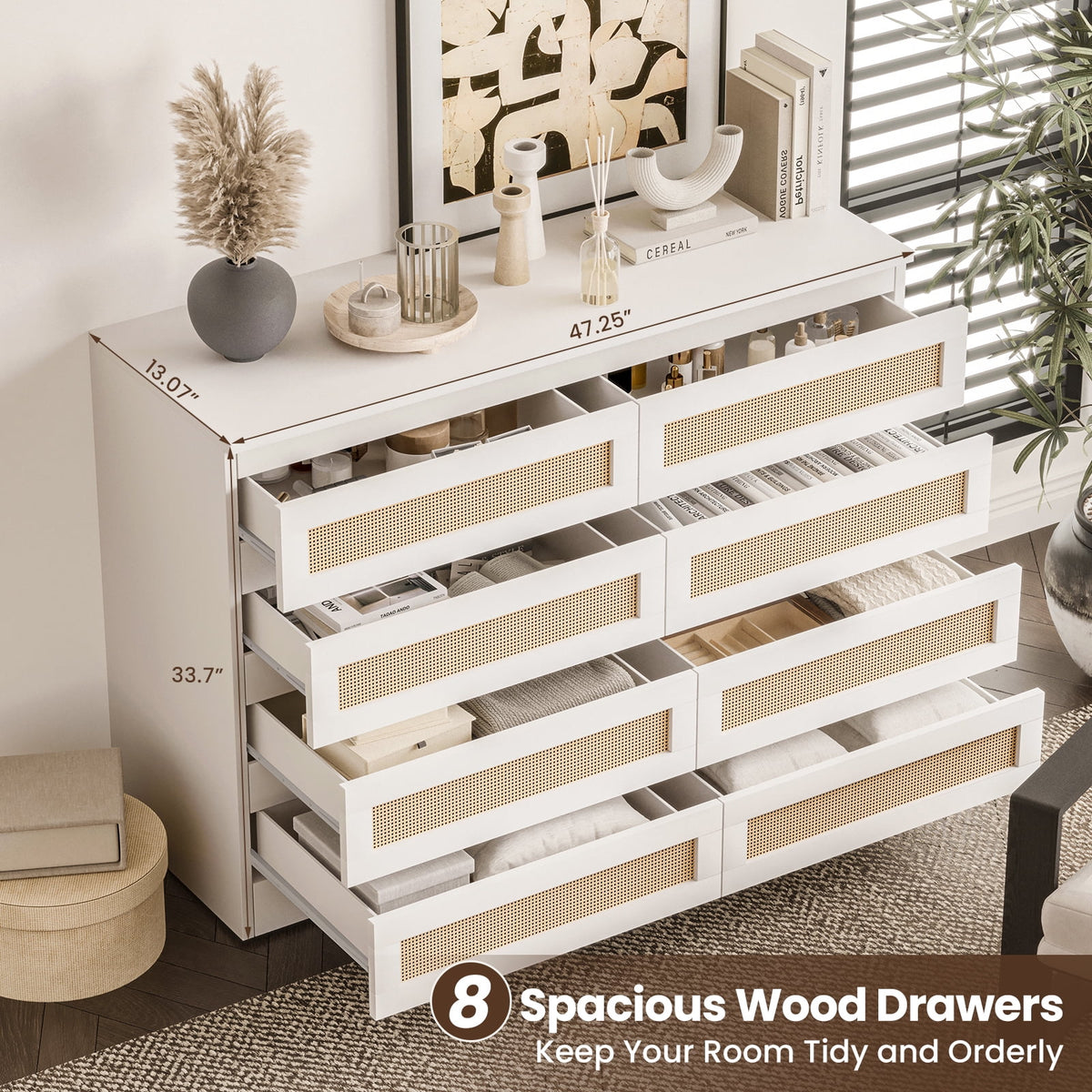 Jojoka 6-Drawers Rattan Dresser for Bedroom Chest of Drawers, TV Stand for 55" TV, Wood Top Storage Organizer Cabinet for Living Room, Entryway, Hallway, Natural