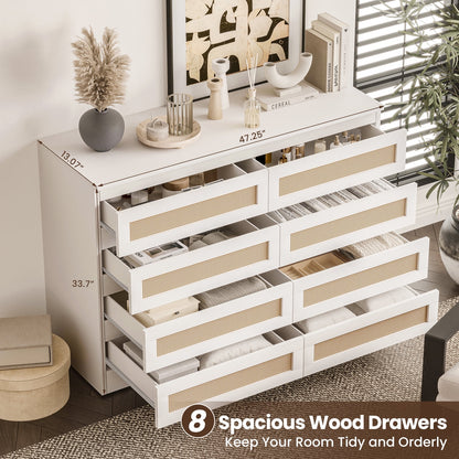 Jojoka 6-Drawers Rattan Dresser for Bedroom Chest of Drawers, TV Stand for 55" TV, Wood Top Storage Organizer Cabinet for Living Room, Entryway, Hallway, Natural