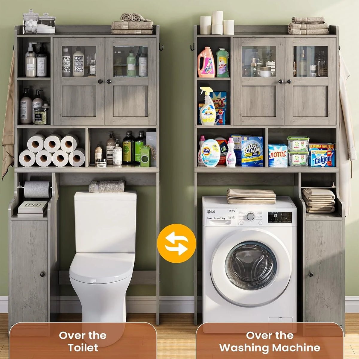 Over The Toilet Storage Cabinet with 3 Doors, Farmhouse Space Saver for Bathroom Organizer with Paper Holder, 10 Shelves and Hooks, 7-Tier Over Washing Machine Cabinet for Laundry, Bathroom, Natural