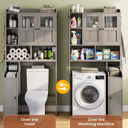 Over The Toilet Storage Cabinet with 3 Doors, Farmhouse Space Saver for Bathroom Organizer with Paper Holder, 10 Shelves and Hooks, 7-Tier Over Washing Machine Cabinet for Laundry, Bathroom, Natural