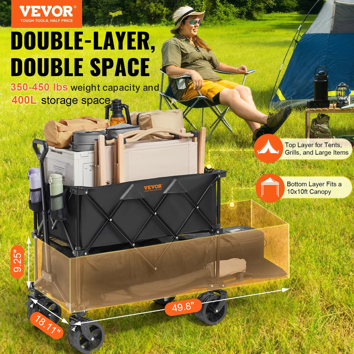 VEVOR Foldable Double Decker Wagon, 400L Collapsible Wagon Cart with All-Terrain Wheels,Heavy Duty Folding Wagon Cart 350-450 lbs Weight Capacity for Camping,Shopping,Garden,52" Extra Long Extender
