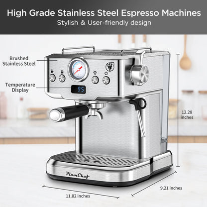 Plum Chef Espresso Machine 20 Bar Coffee Makers, Cappuccino Machine with E.S.E Pod & Pressure Gauge for Home, 1.8L Water Tank, Stainless steel, Silver