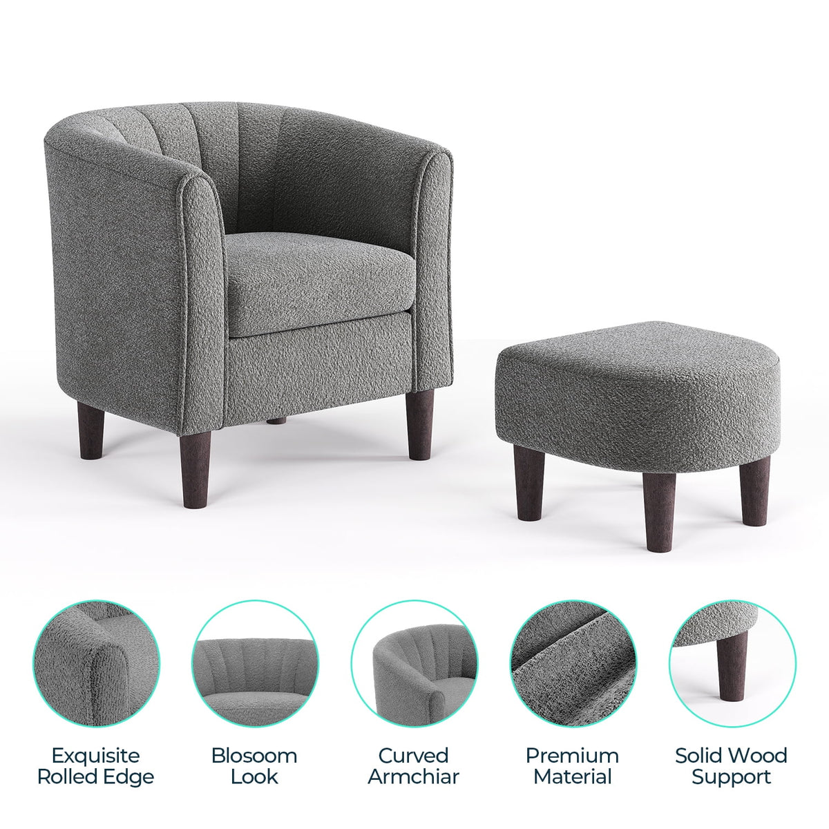 LINSY HOME Chenille Accent Chair with Ottoman for Living Room, Dark Gray
