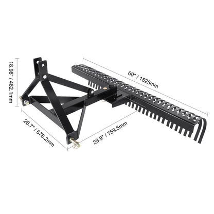 KFFKFF 3-Point Landscape Rake, 60" Pull-Behind Thatch Remover with 32 Steel Tines, Tractor-Compatible 3-Point Hitch Garden Rake with Attachments
