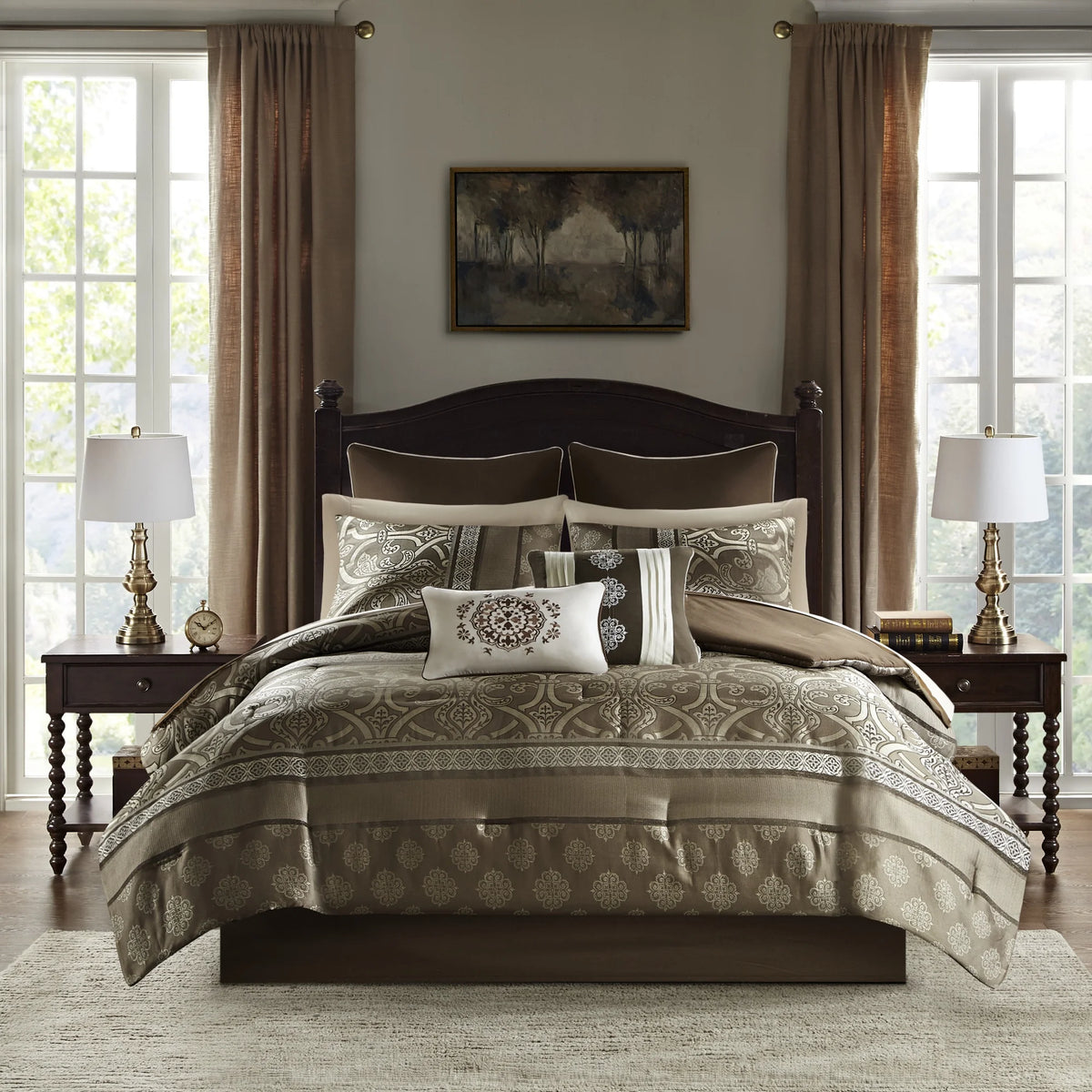 Home Essence Dennie 16 Piece Jacquard Complete Bedding Set With 2 Sheet Sets, King, Brown
