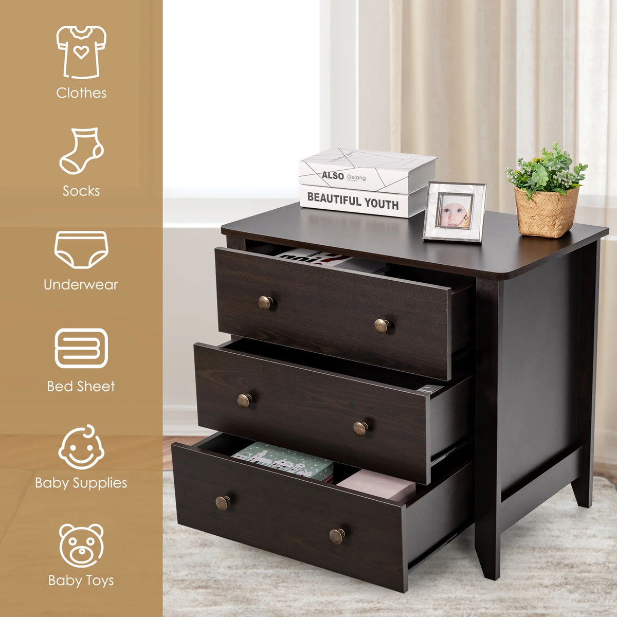 Gymax 3 Drawer Dresser Chest of Drawers Bedside Table for Living Room Bedroom Espresso