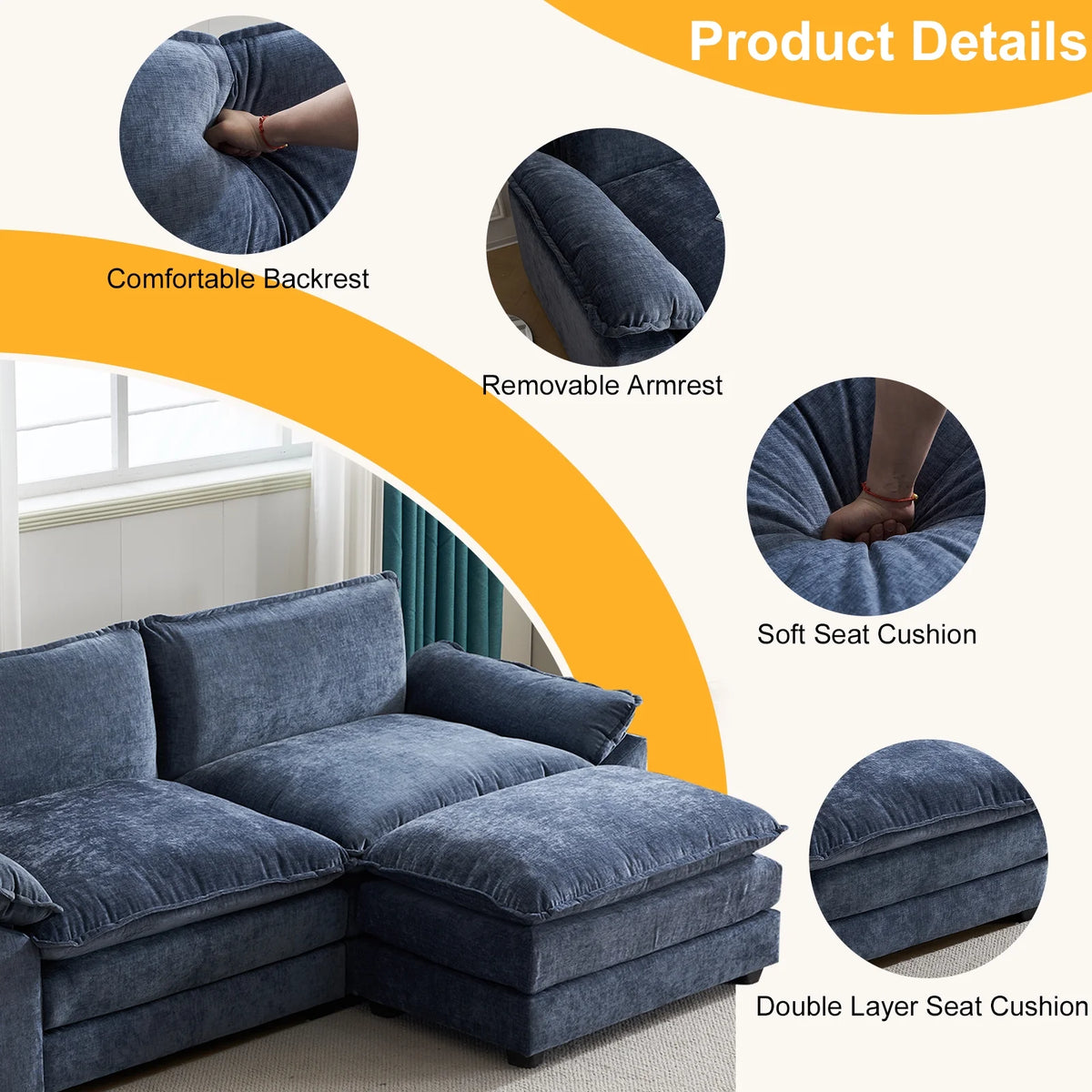 Zimtown Sectional Sofa with Ottoman, L Shaped Convertible Couch with Removable Chaise Chenille Fabric Sofa Set for 4-6 Persons Living Room Furniture Dark Grey