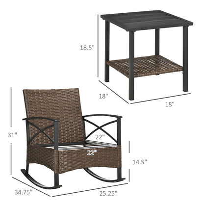 Outsunny 3pc Rocking Chair Set w/ Cushions, Wicker Bistro Set, Blue