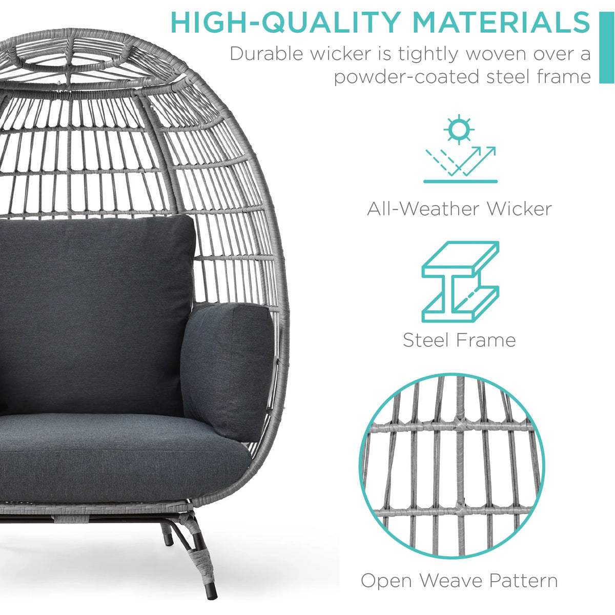 Best Choice Products Wicker Egg Chair Oversized Indoor Outdoor Patio Lounger w/ Steel Frame, 440lb Capacity - Black