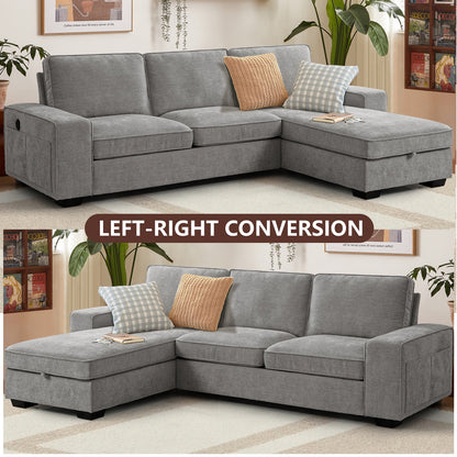 ASHOMELI 99'' Convertible Sectional Sofa,L Shaped Couch,Multi-Functional Reversible Sofa with USB and Type-C Charging Ports, Storage Space, Breathable Fabric