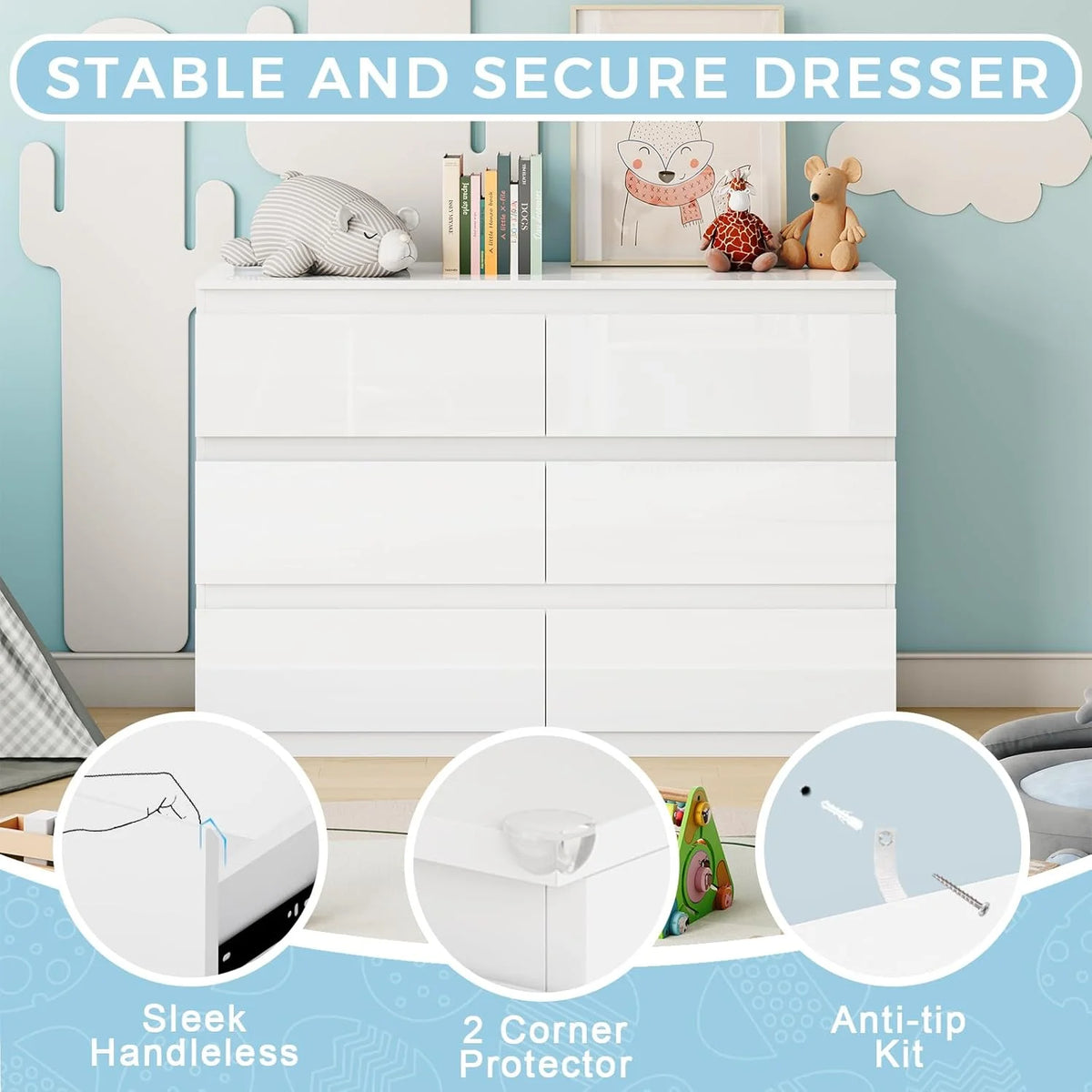Selooye White Wood Dresser, 6 Drawer Dresser for Clothes Storage,Bedroom, Modern White Dresser with Wide Drawers, Wide Wooden Chest Drawers for Living Room, Entryway, TV Stand