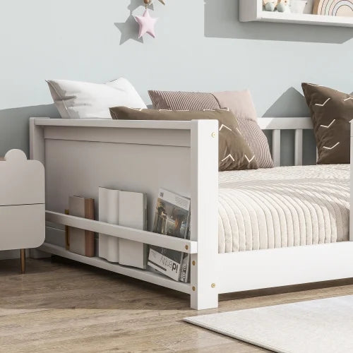 Bellemave Twin Size Floor Bed with Fence, Montessori Floor Twin Bed with Built-in Book Rack, Solid Wood Twin Bed with Slats and Safety Guardrails, Natural