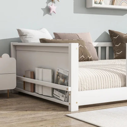 Bellemave Twin Size Floor Bed with Fence, Montessori Floor Twin Bed with Built-in Book Rack, Solid Wood Twin Bed with Slats and Safety Guardrails, Natural