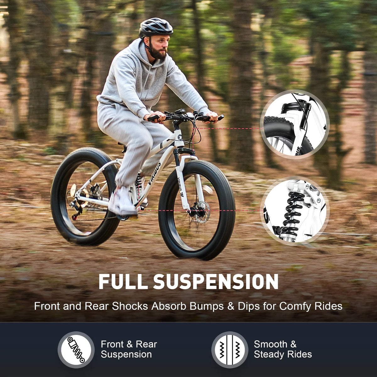 VIRIBUS 26" Fat Tire Mountain Bike Full Suspension Bike with 21 Speeds Disc Brakes White