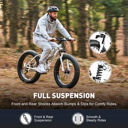 VIRIBUS 26" Fat Tire Mountain Bike Full Suspension Bike with 21 Speeds Disc Brakes White
