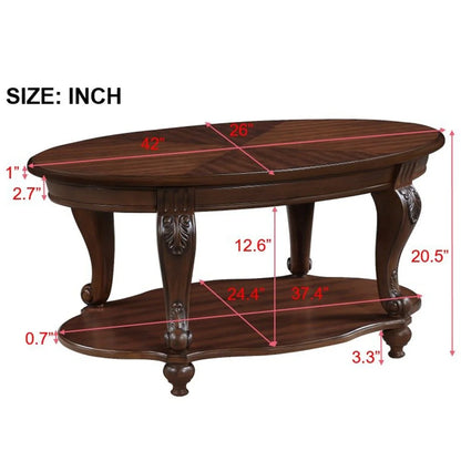 42" Oval Coffee Table with Storage Shelf, 2-Tier Solid Wood Cocktail Tea Table, Traditional Retro Center Table for Living Room, Bearing 400LBS, Cherry