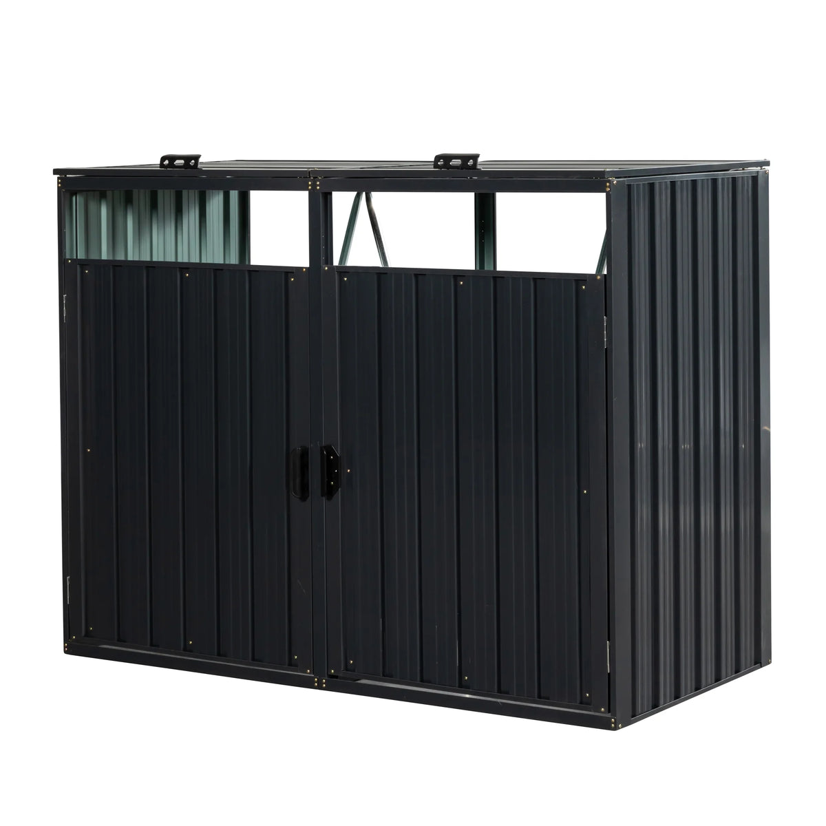 JXXRZ Metal Garbage Bin Shed for 2 Trash Cans with Lockable Doors and Lids,Galvanized Steel Garbage Bin Storage Shed for Garden Yard Lawn, Black