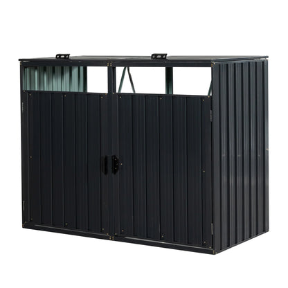 JXXRZ Metal Garbage Bin Shed for 2 Trash Cans with Lockable Doors and Lids,Galvanized Steel Garbage Bin Storage Shed for Garden Yard Lawn, Black