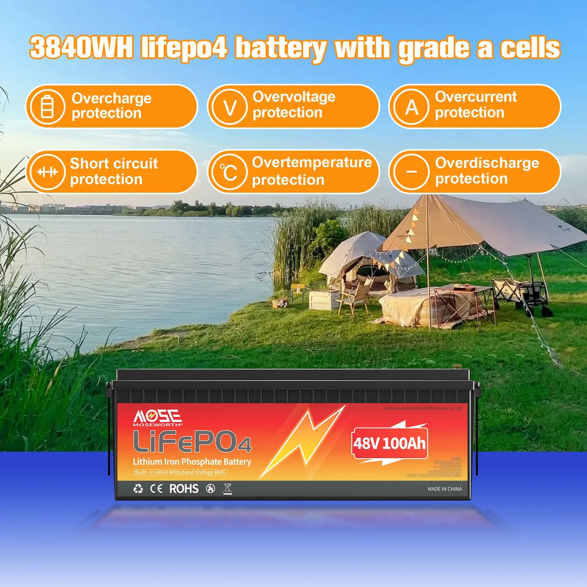 48V 100Ah Golf Carts LiFePO4 Battery,200A BMS,MOSEWORTH Lithium Batteries  with Charger,for RV,Solar,Trolling Motor,Marine,15000+Deep Cycles,2C Rate Discharging