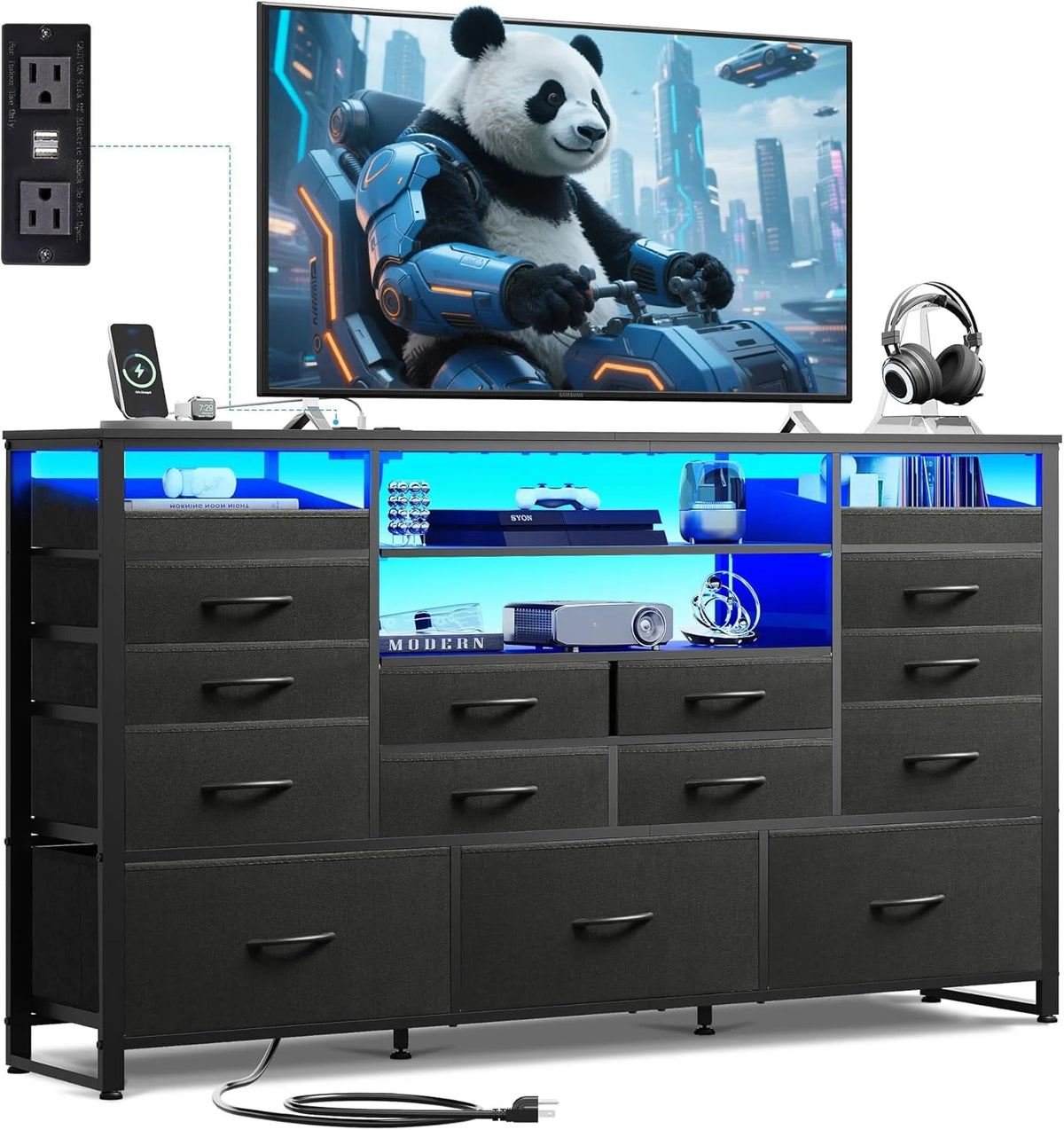 Black TV Stand for 55, 60, 65 inch TV, Entertainment Center with LED Lights & Charging Station, TV Media Console Table with 15 Fabric Drawers and Open Shelves for Living Room, Hallway, Wood Topm