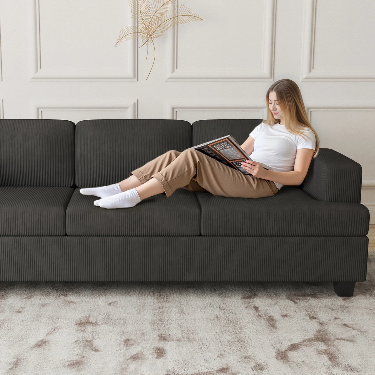 LUMIHO 89" Modern Corduroy Sofa,3 Seater Couches for Living Room, Bedroom,with Deep Seat,beige