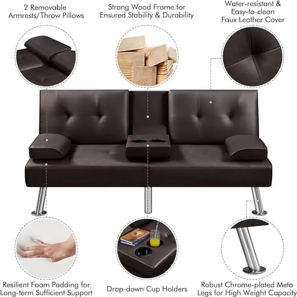 Convertible Folding Futon Sofa Bed Sleeper Couch for Living Room, Modern Faux Leather Upholstered Loveseat w/Removable Armrests, Metal Legs, 2 Cup Holders, Love Seat Sofa Bed for Small Spaces (Brown)