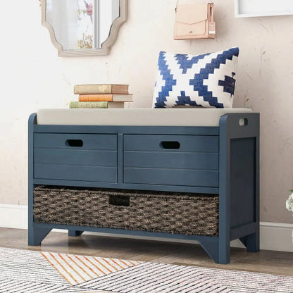 Solid Wood Storage Bench, Narrow Entryway Bench with 2 Drawers and Removable Basket, Classic Accent Shoe Bench with Storage and Removable Cushion for Hallway Living Room, Fully Assembled, Navy