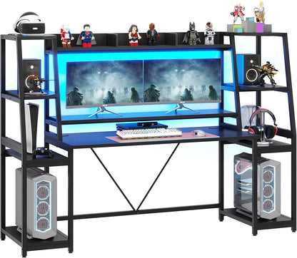 SEDETA 78.8'' Gaming Desk with Hutch and Storage Shelves,LED Lights Computer Desk Gamer Desk, Black