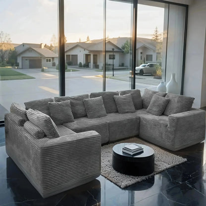 SOULART 135.5 Modular Customizable/L/U-Shape Sofa,Dark Grey Boneless Sectional Couch -  6-Seater Corduroy Couchfor Living Room Furniture